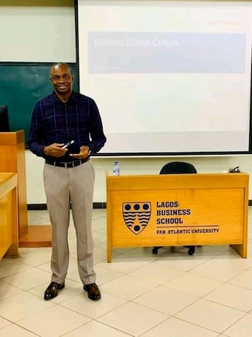 Mr. Inoyo giving a presentation at Lagos Business School