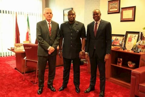 The Chairman, Mr. Paul McGrath and the Vice Chairman Mr. Udom Inoyo of ExxonMobil in Nigeria, meets with Chairman, Akwa Ibom Caucus in the National Assembly, Sen. Bassey Albert at his office in Abuja