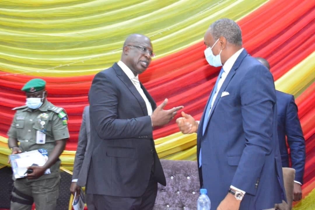 Former Executive Vice Chairman of ExxonMobil Companies in Nigeria, Mr. Udom Inoyo interacting with the Minister of State for Petroleum Resources Chief Timipre Silver and others at the 6th Triennial National Delegates Conference of PENGASSAN where he delivered a Lead address titled: 'The Future of work, Post COVID-19 Pandemic and Energy Transition.'